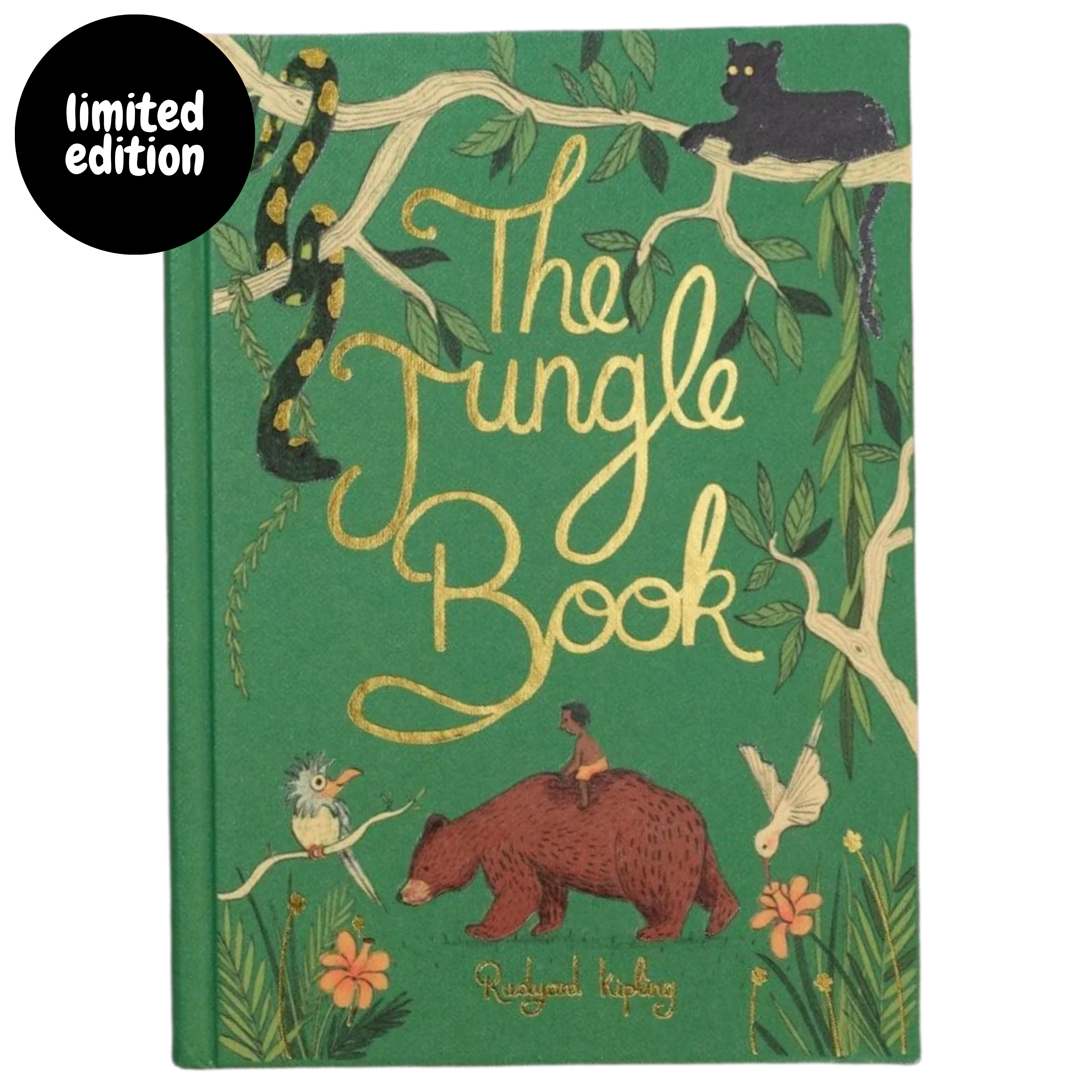 cover of limited edition The Jungle Book collector’s edition hardcover by Rudyard Kipling with green illustrated cover, gold foil title, cloth-bound finish and decorative sprayed edges, stacked on books.