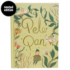 cover of Peter Pan collector’s edition hardcover by J.M. Barrie with green illustrated cover, gold foil title, cloth-bound finish and decorative sprayed edges, stacked on books.