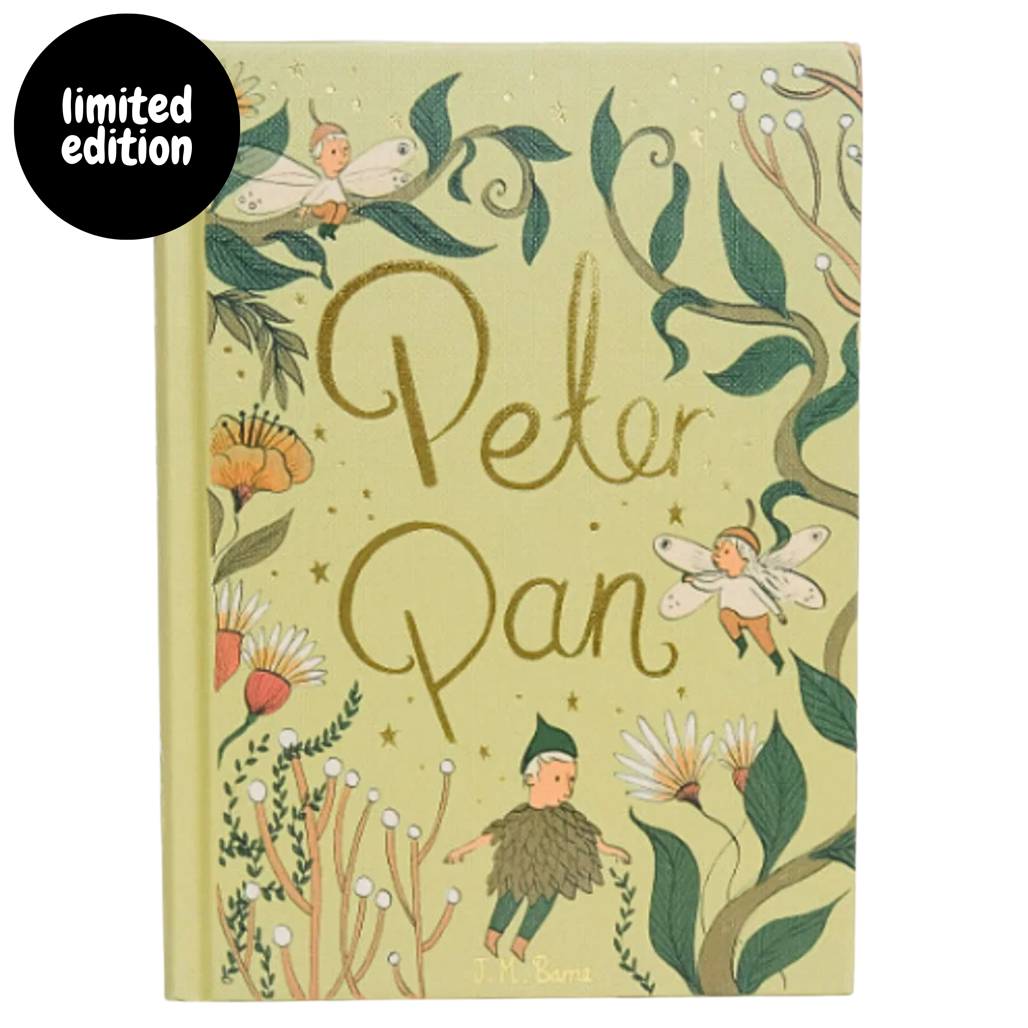 cover of Peter Pan collector’s edition hardcover by J.M. Barrie with green illustrated cover, gold foil title, cloth-bound finish and decorative sprayed edges, stacked on books.