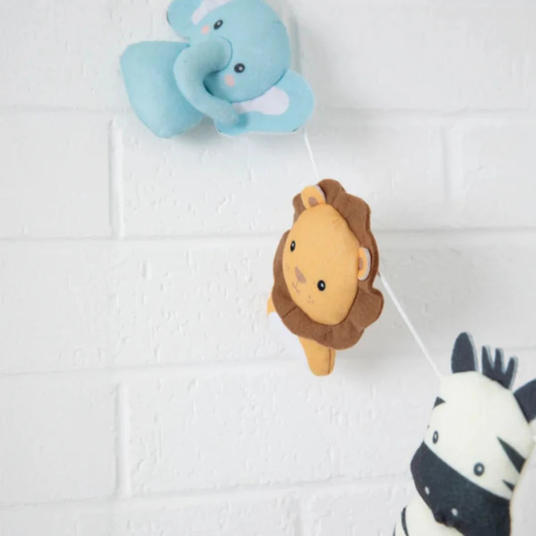 close up of Wild Safari nursery bunting decoration by Living Textiles. A soft felt garland perfect for nursery styling and kids room decor
