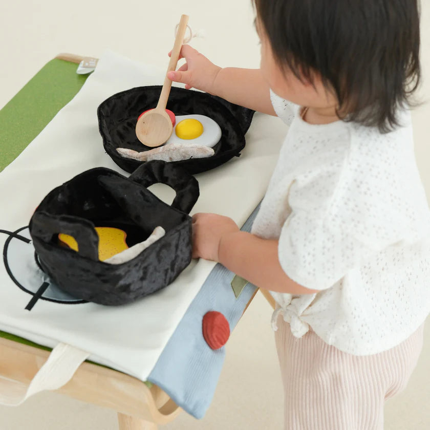 Portable soft pretend play kitchen with pot pan and wooden spoon