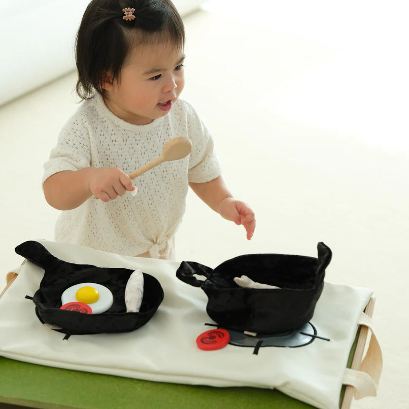 Fold-out pretend cooking set for kids by Little Lamb Kind