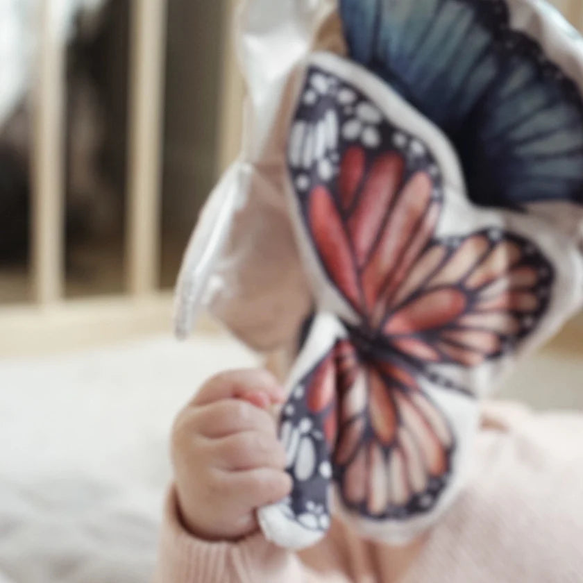 close up butterfly toy showing texture and stitching baby toy