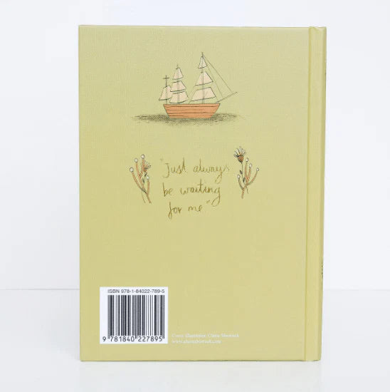 back blurb of Peter Pan limited collector’s edition hardcover by J.M. Barrie with green illustrated cover, gold foil title, cloth-bound finish and decorative sprayed edges, stacked on books.