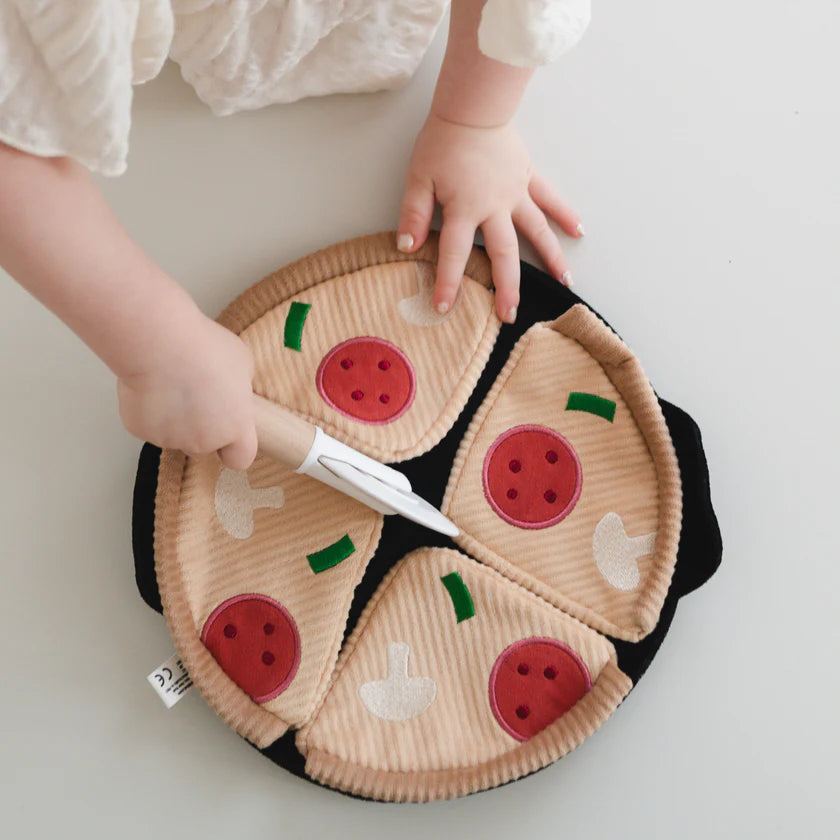 Soft pizza pretend play toy set with pizza slices and cutter by Little Lamb Kind