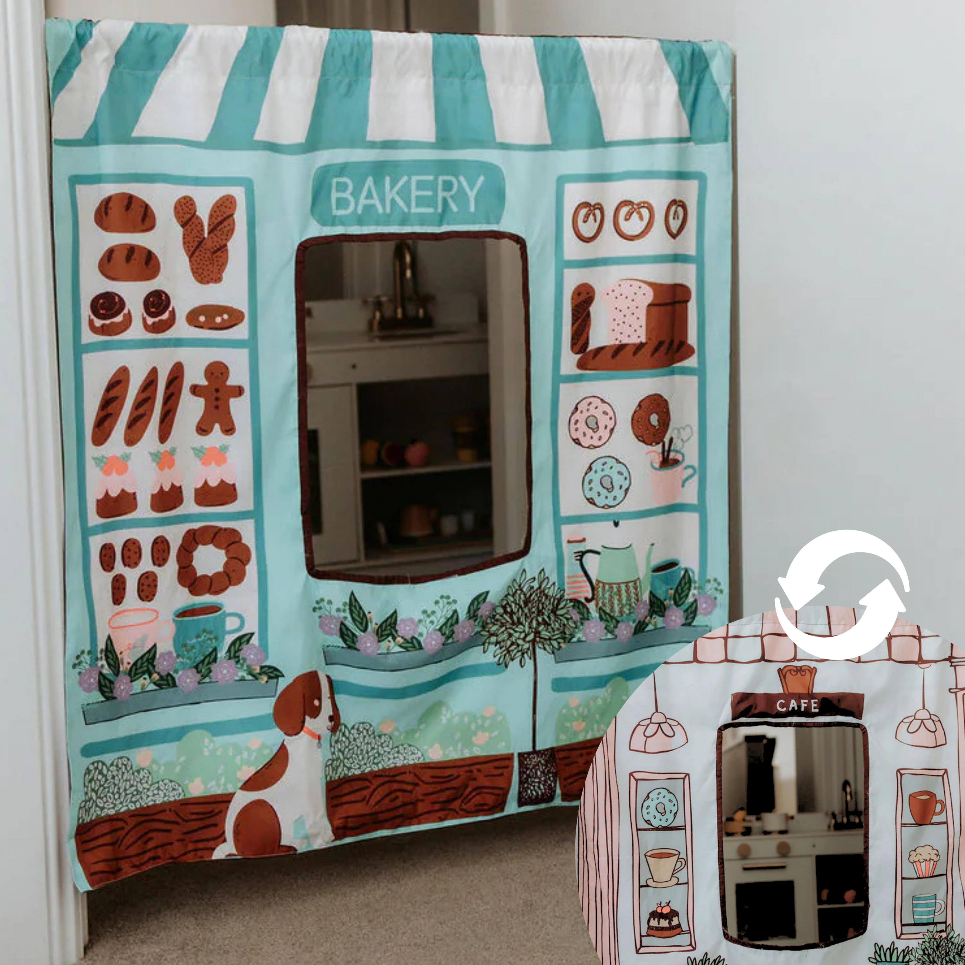 Imaginative café and bakery role play panel for children