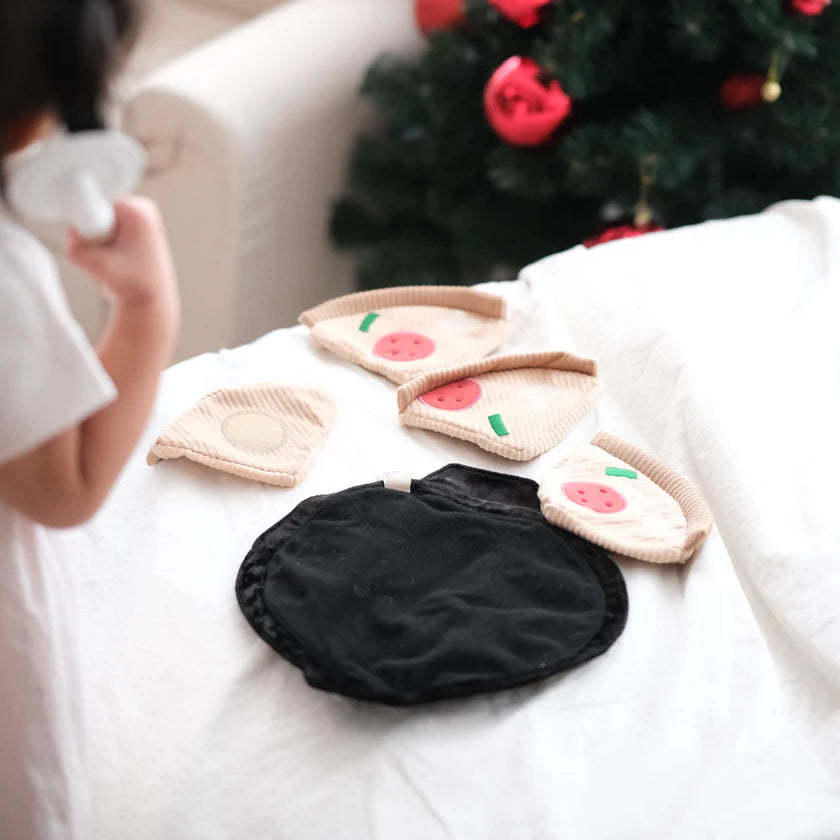 Soft toy pizza slices with child-safe pizza cutter by Little Lamb Kind