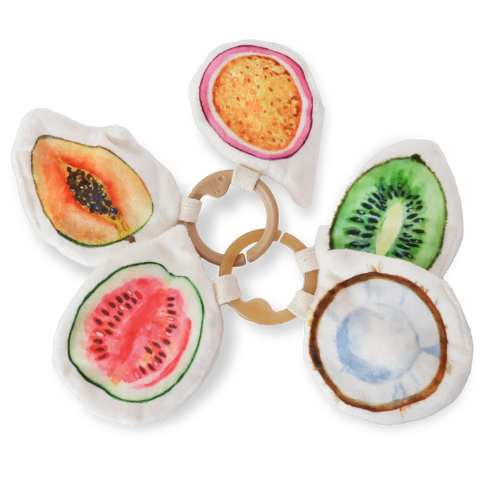 Little Lamb Kind tropical fruit sensory toy set with wooden ring