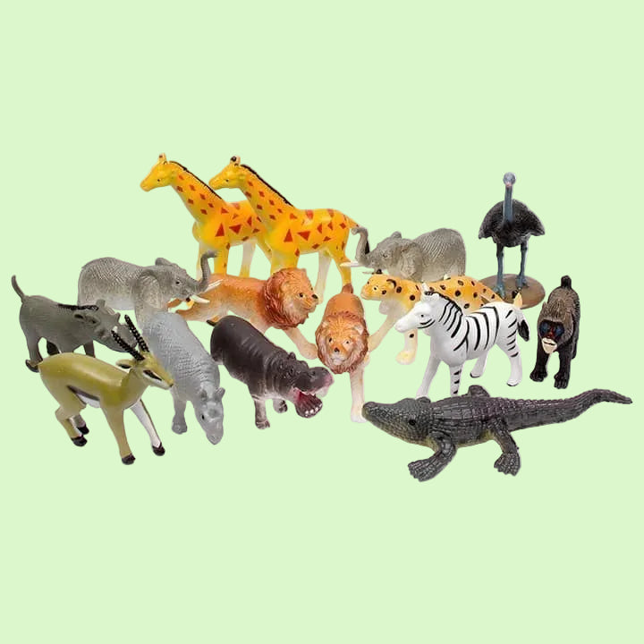 A set of 15 plastic animal toy figures for children, including giraffes, lions, zebras, hippos, crocodiles, and birds, displayed on a clean white background.